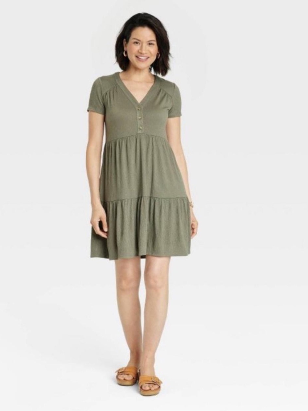 Knox Rose Olive Green Short-Sleeve Tiered V-Neck Dress